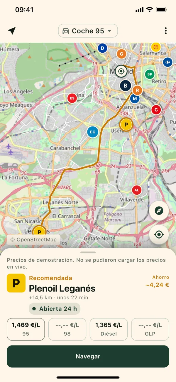 FuelSpot: mapa con la gasolinera recomendada, el ahorro y el botón Navegar